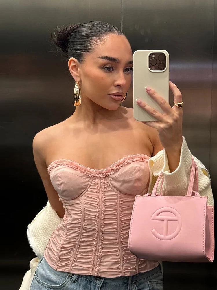 Ruffles Corset Top Fake Fishbones Wrap Daily stretch Tube Top