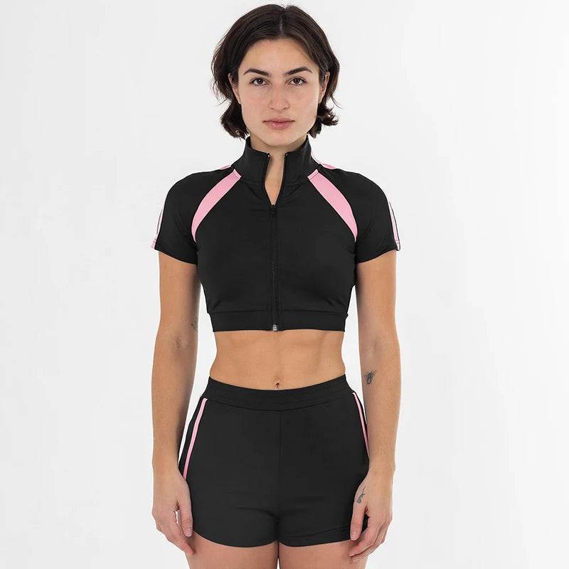 Lapel Zipper Clah Patchwork Waitle Short Sleeve Skinny Short Top Elatic Cord Sport Short Set