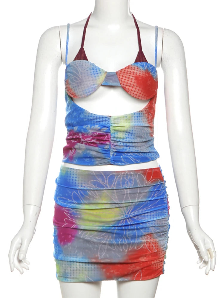 Tie Dye Matching Skirt Set Stunning ful Hollow Out Backless Cami Mini Hip Skirt
