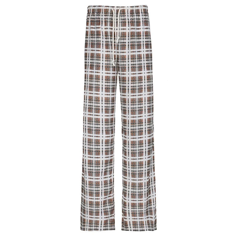 Drawstring Plaid Pants Elastic Waisted Sweatpants Straight Pants