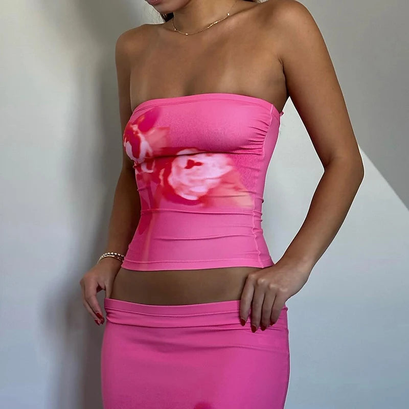 Floral Black Pink Tube Top Slim Fit Veratile Top