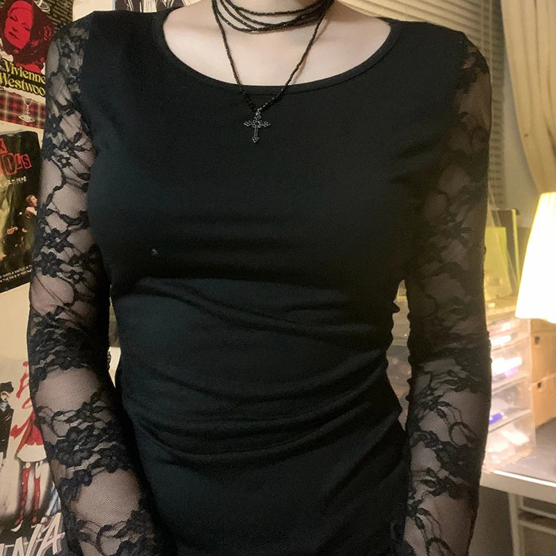 Crewneck Tee Shirts Lace Patchwork Slim Black Top