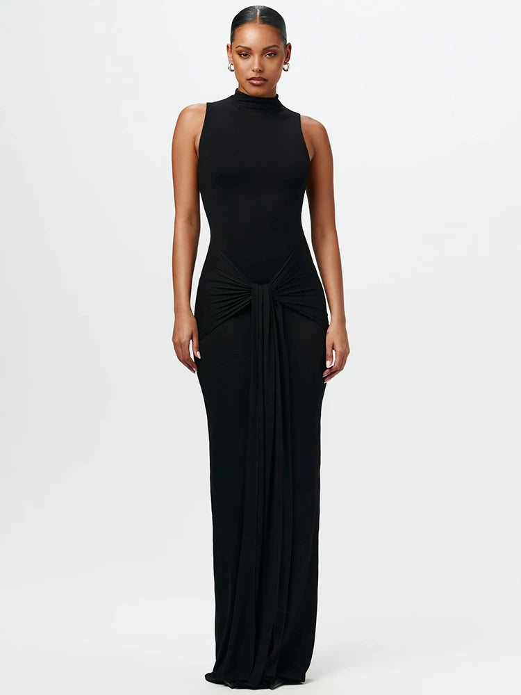 Half High Collar Irregular Tank Dress Sleeveless Bodycon Ruched Long Dress