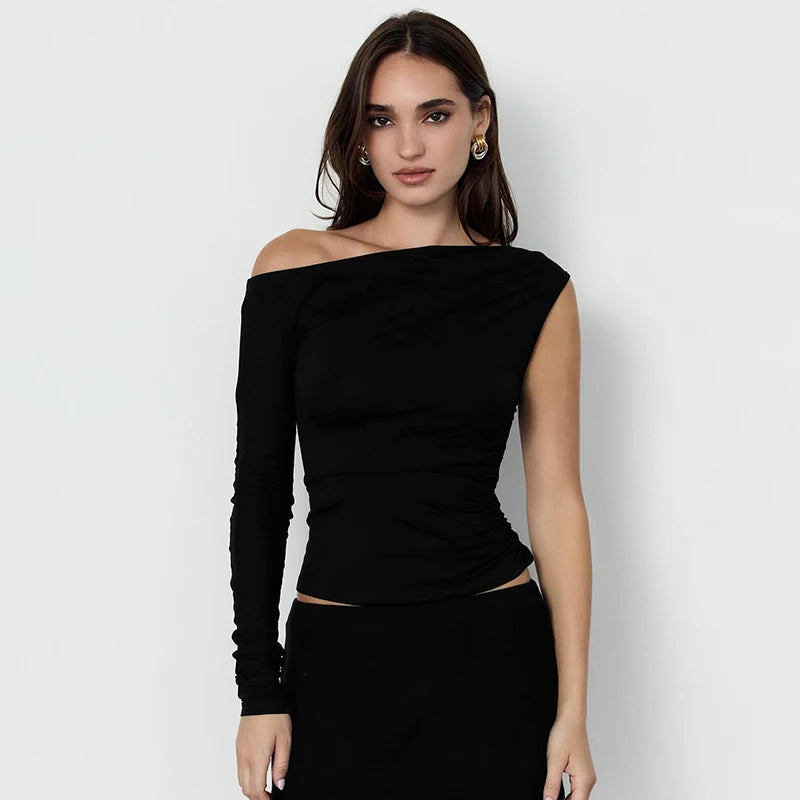Irregular Top Slant Neck Single Sleeve Straple Micro Pleat Top T-Shirt Top