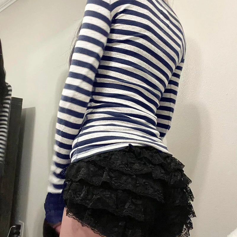 Striped Crewneck Top Tee Long Sleeves Slim