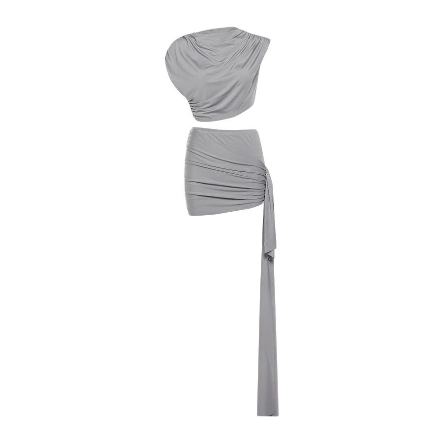Irregular Ruched 2 Piece Set Tank Top Side Ribbon Skirts Stretch Matching Simple