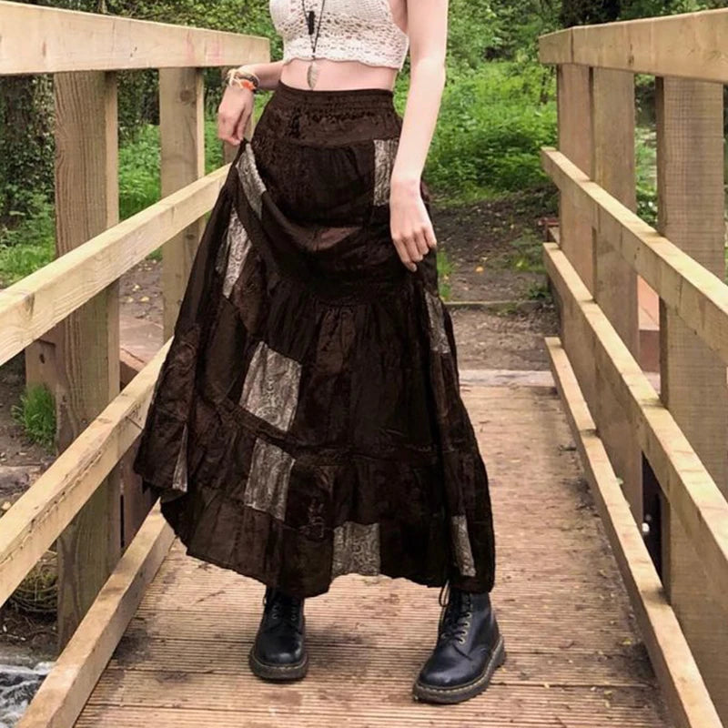 Patchwork Velvet Long Skirts Fairycore Grunge Bottoms Retro Skirts