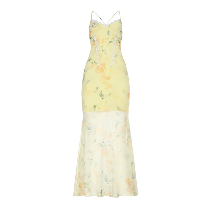 Floral Trumpet Dress Slim Lace V-Neck Sleeveless Maxi