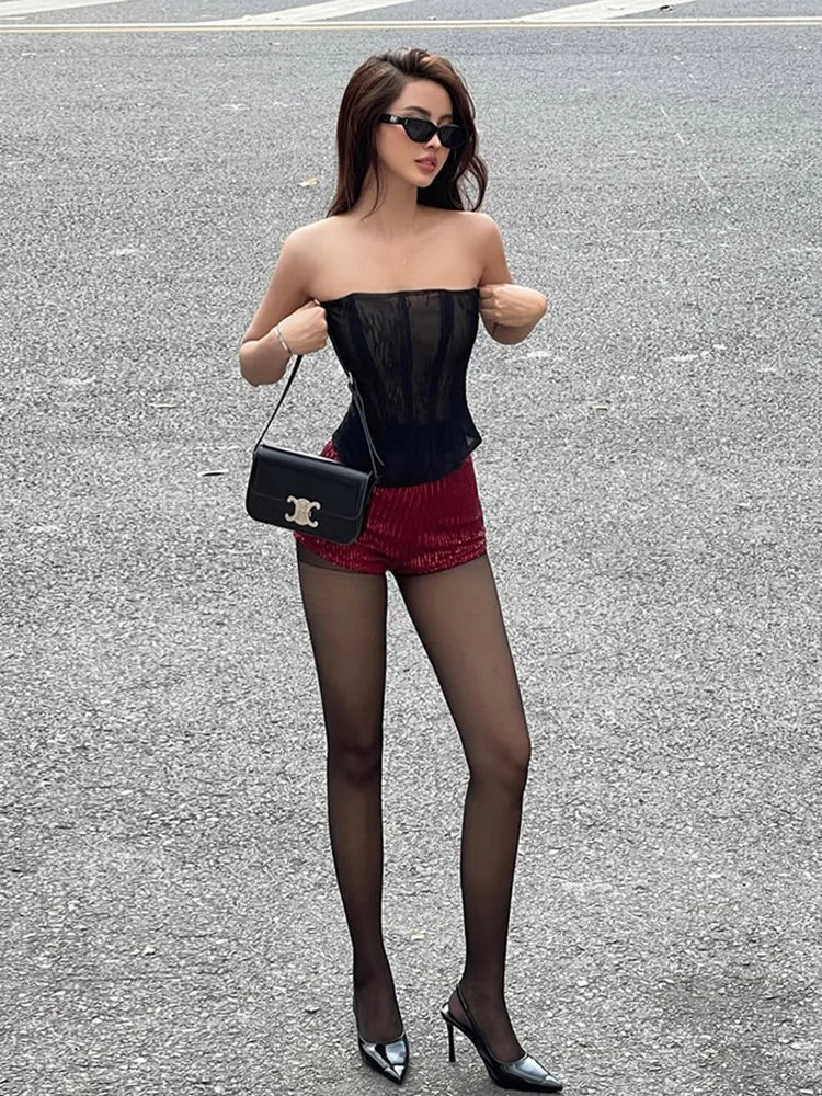 2-Piece Set Mesh Strapless Top Mini Sequins Shorts Midnight Midnight tie Matching Suits