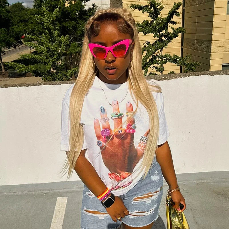 T Shirt Overiz O Neck Short Sleeve Looe Top Graphic Tee F