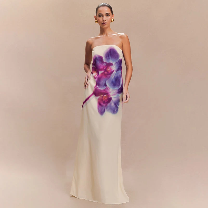 'S Floral Print Long Dress Strapless Sleeveless Backless Slim Dress Long Dress