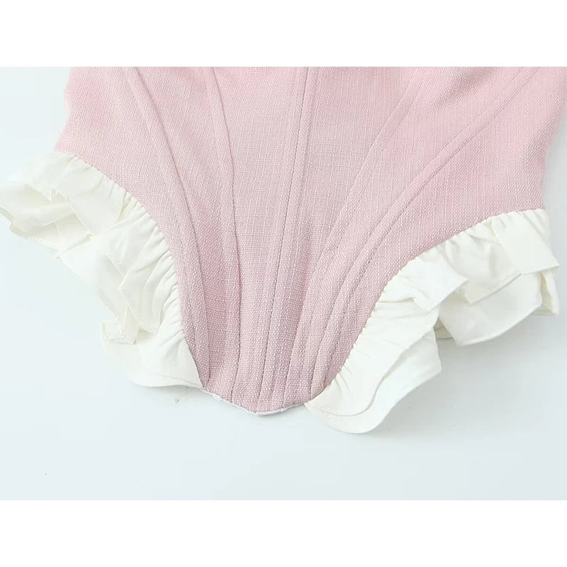 Sweet Patchwork Fish Bone Slim Fit Strapless Top Crop Top