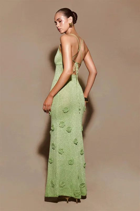 Knitted Backless 3D Flowers Dress Green Spaghetti Strap Long Dress