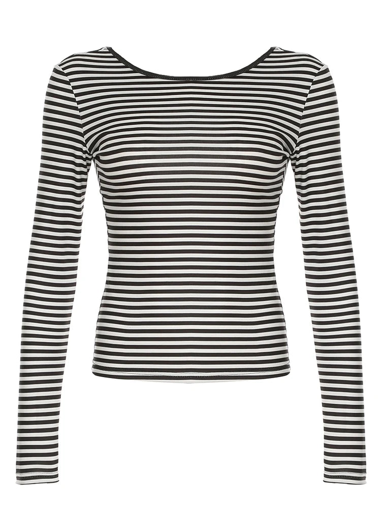Backless Striped Print Slim Tee Shirts Long Sleeves Tees