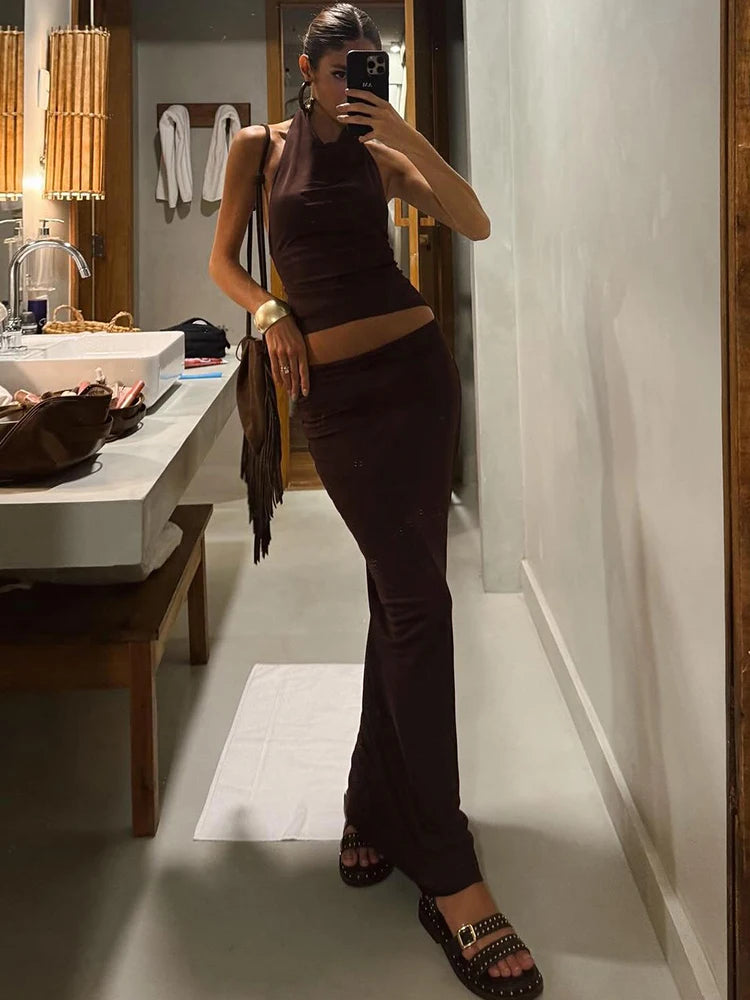 Hollow Two Piece Set Halter Swing Collar Backless Crop Top Long Skirt Matching