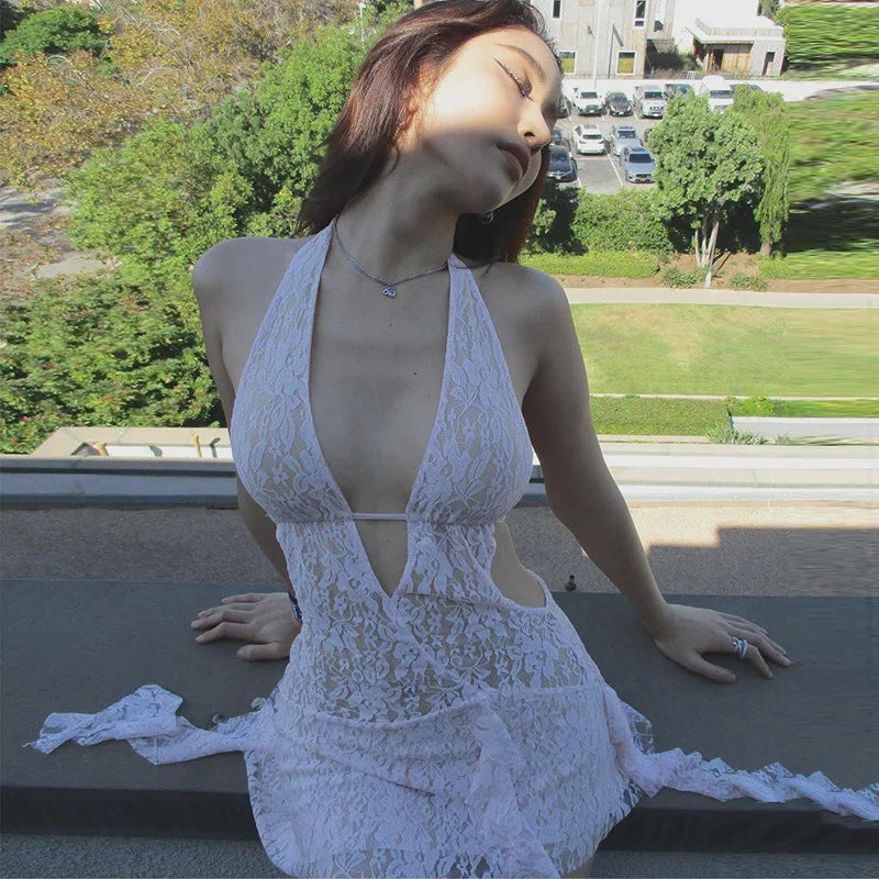 Lace Backless See Through Mini Dress