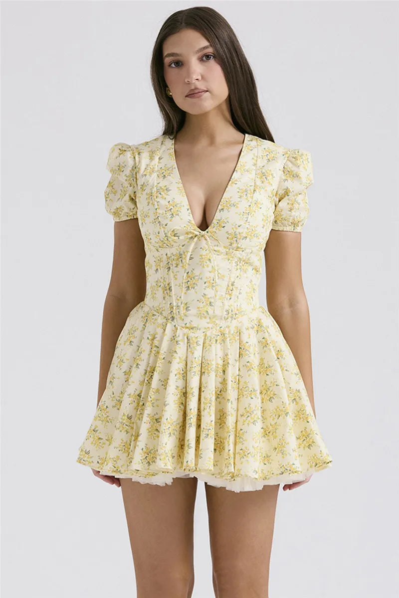 Print Mini Dress For Yellow Short Sleeve Deep V Neck A-line Pleated Dress