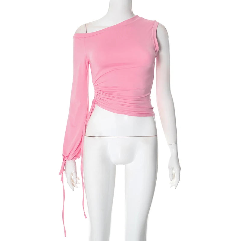 Slah Collar Straple Irregular Shrinking Drawtring Waitle Single Sleeve Short Top T-Shirt