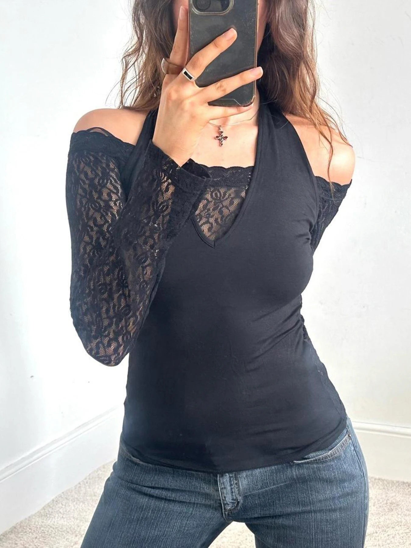 Lace Patchwork Slim Tee Shirt Halter Neck Top