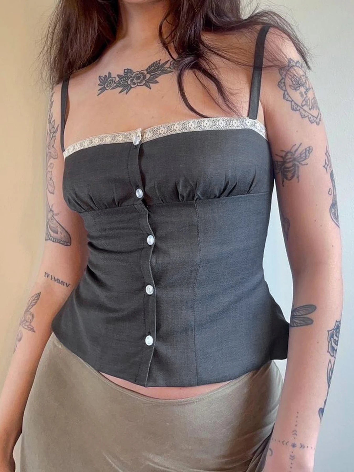 Lace Button Ruffled Slim Camisole Sleeveless Bustiers