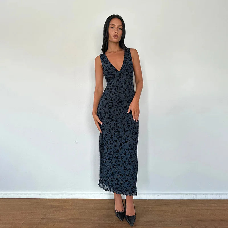 Printed Deep V Long Dress Floral Contrast Color Sleeveless Waist Slim Dress Long Dress