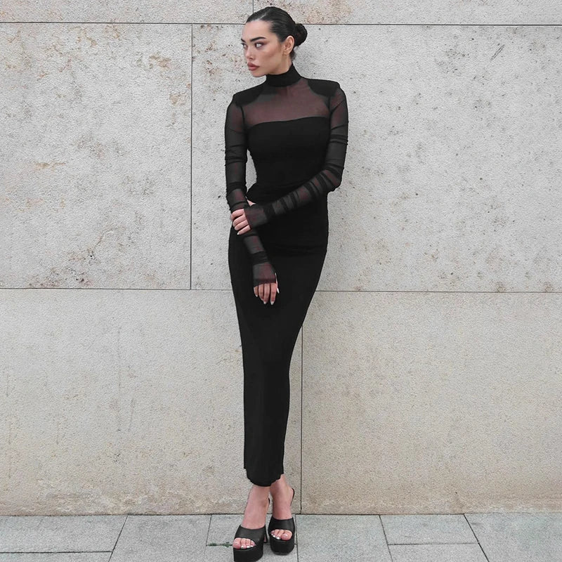 Meh See Through Sheath Dress Long Sleeve Collar Bodycon