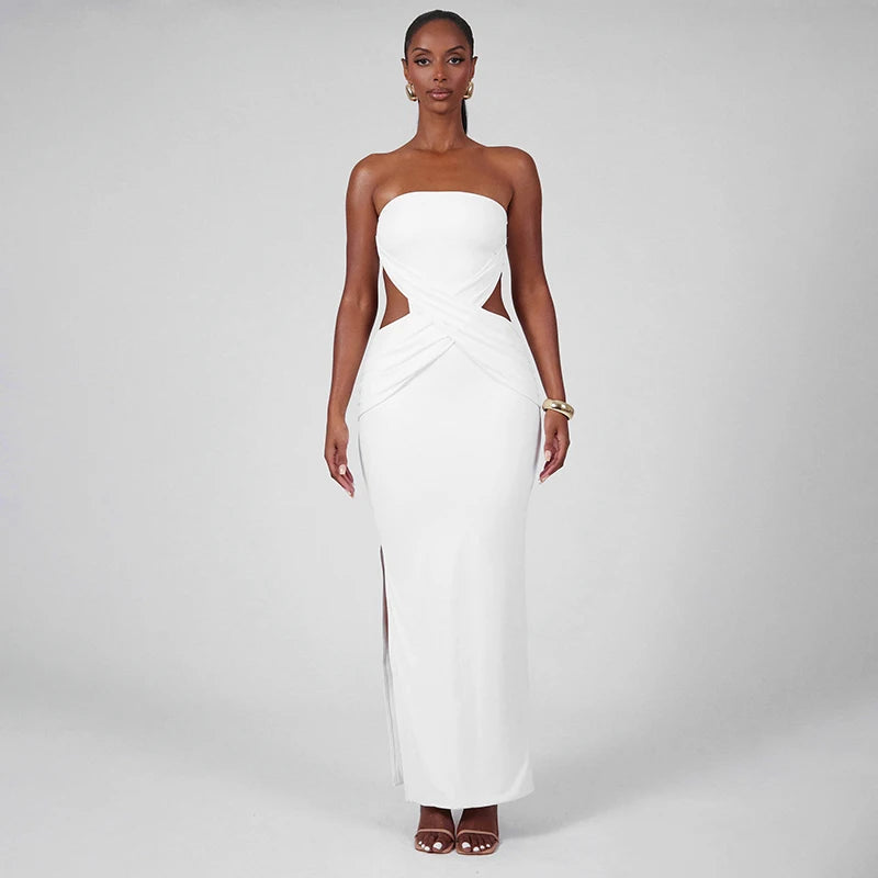 'S Strapless Backless Waistless Hollow Out Cross Slim Open Long Dress Dress