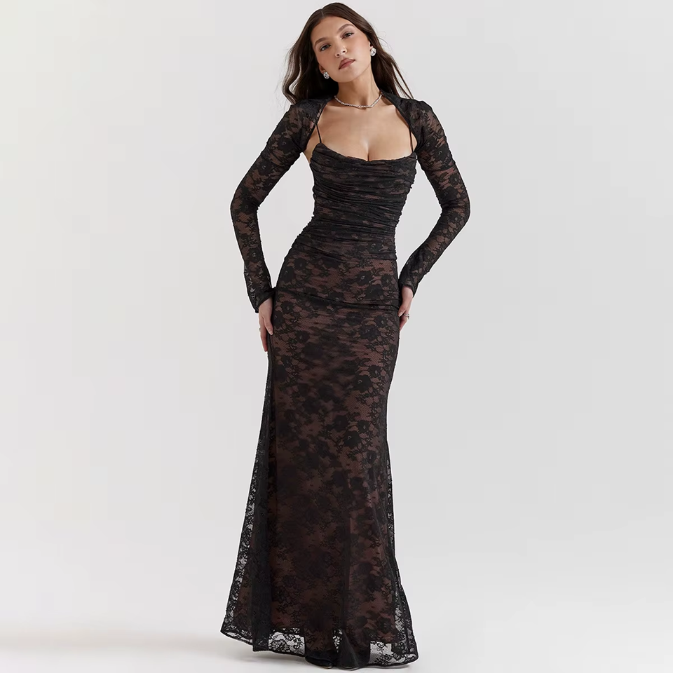 Black Floral Lace Maxi Dress