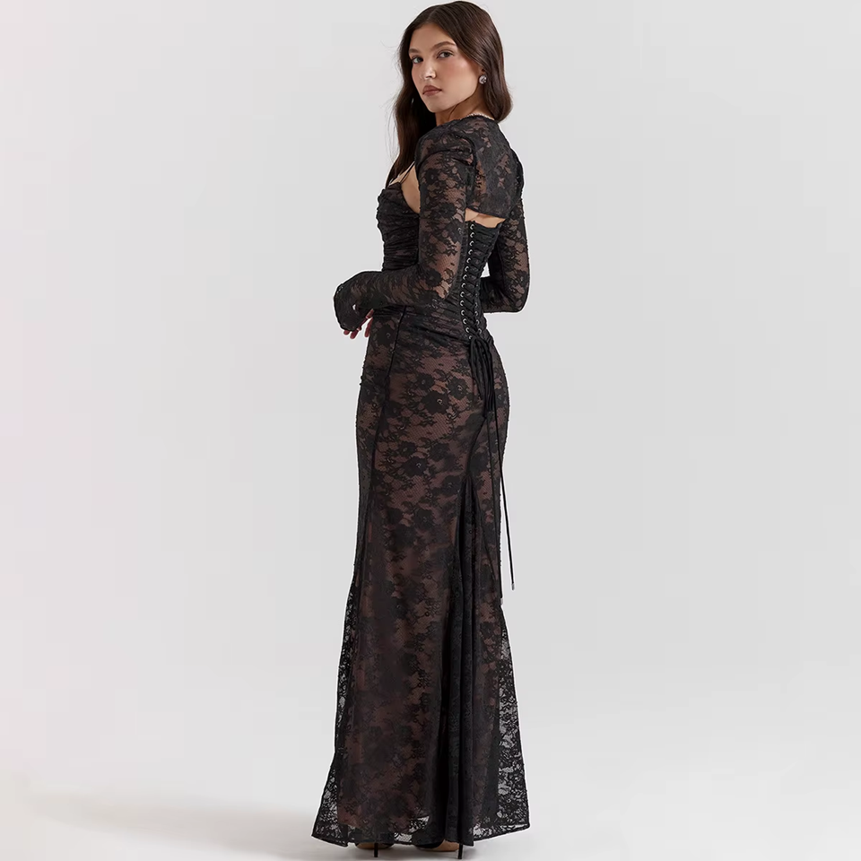 Black Floral Lace Maxi Dress