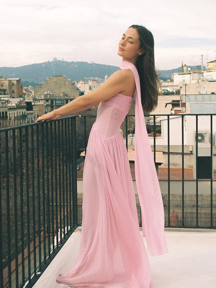 Pink Mesh Ruffle Backless Maxi Dress