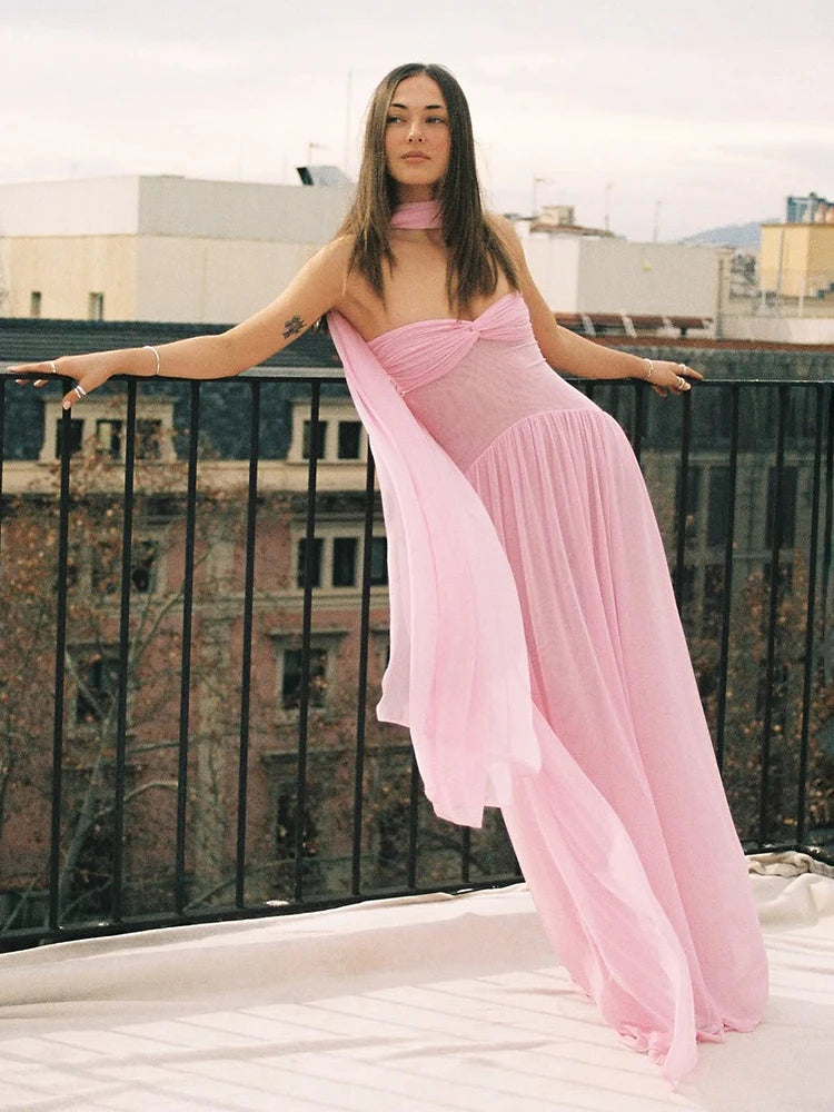 Pink Mesh Ruffle Backless Maxi Dress