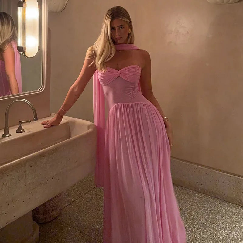 Pink Mesh Ruffle Backless Maxi Dress