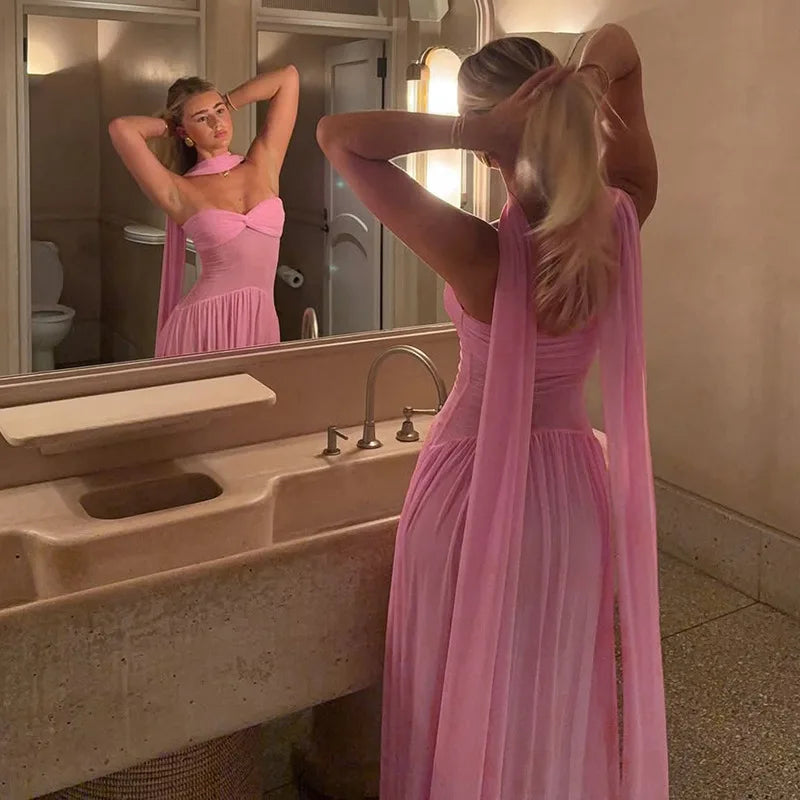 Pink Mesh Ruffle Backless Maxi Dress