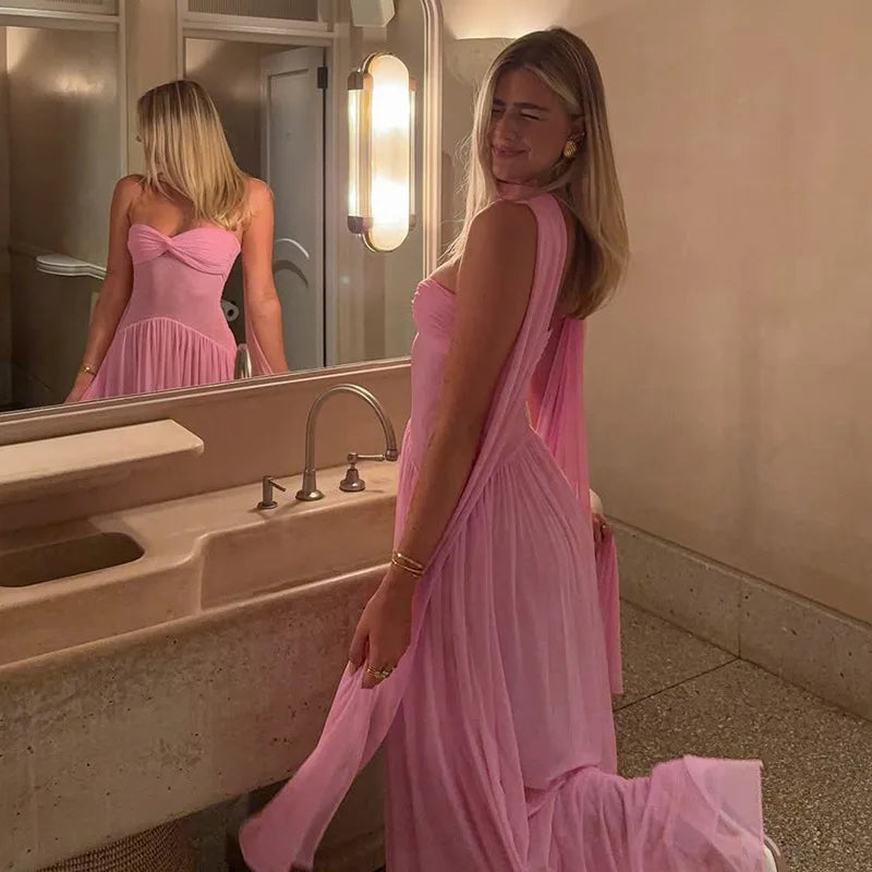 Pink Mesh Ruffle Backless Maxi Dress