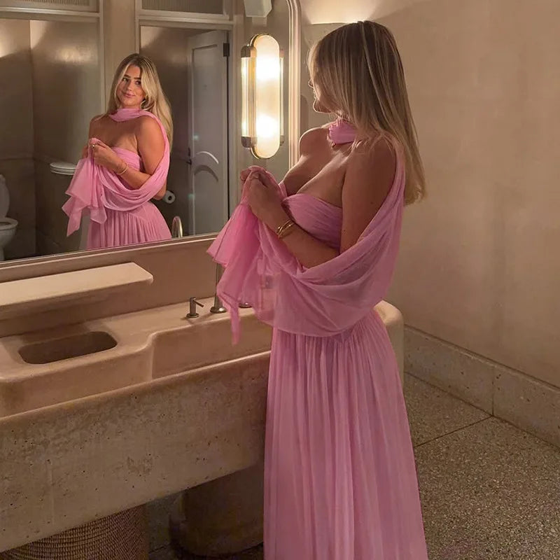 Pink Mesh Ruffle Backless Maxi Dress