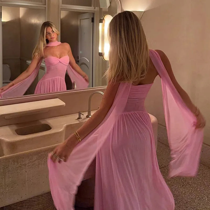 Pink Mesh Ruffle Backless Maxi Dress