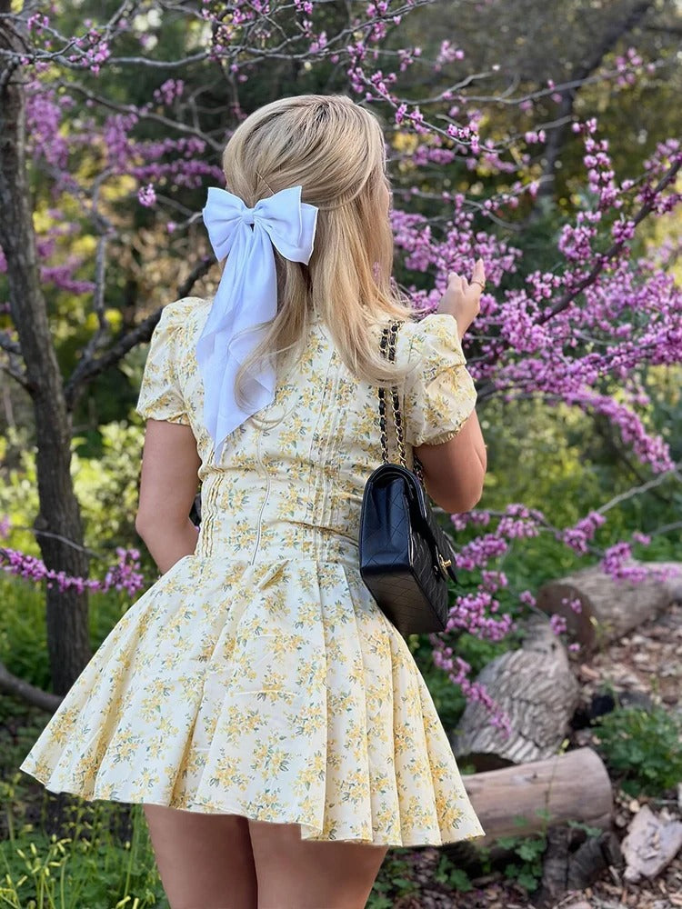 Yellow Floral V Neck Mini Dress