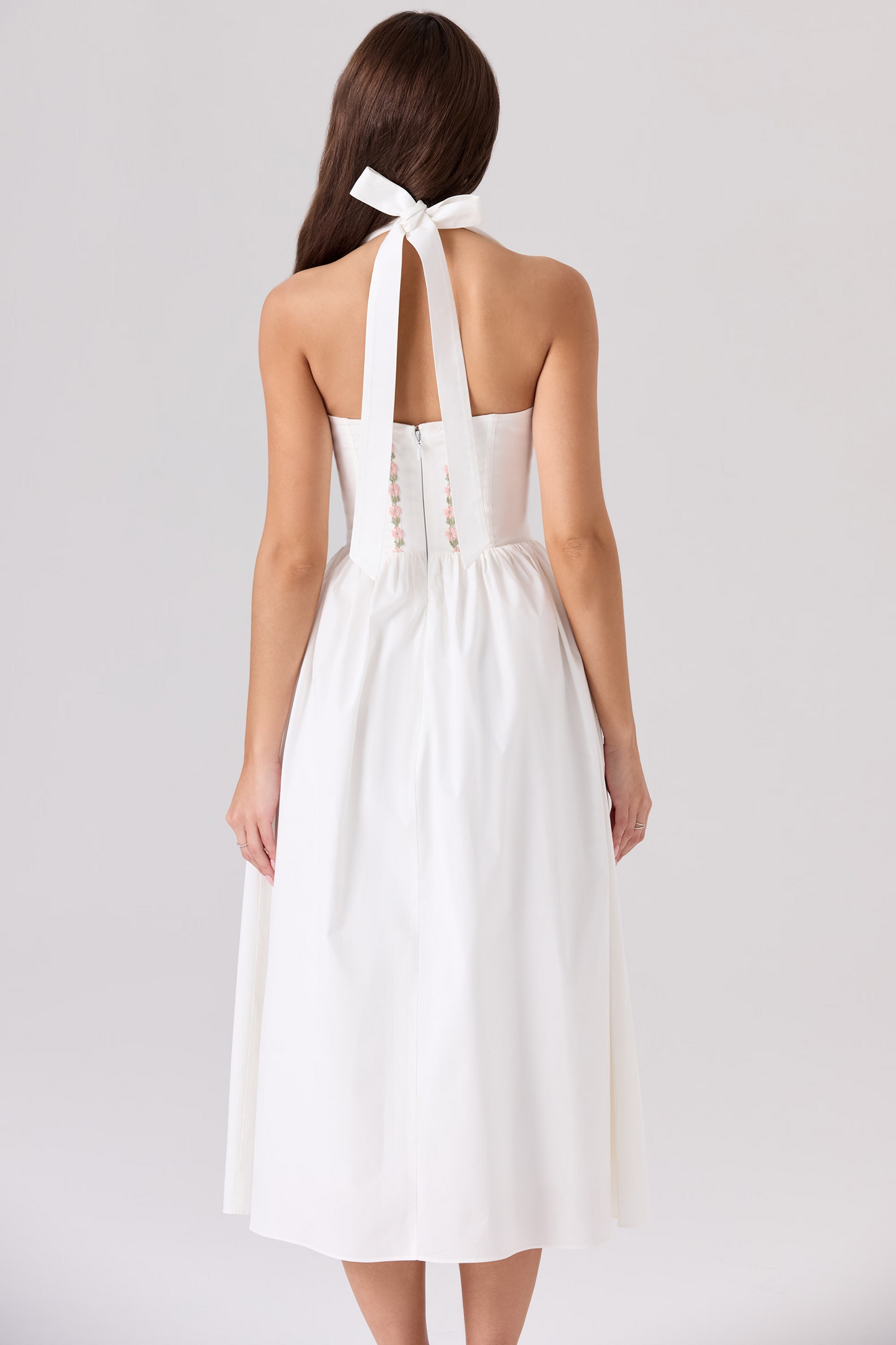 White Floral Embroidery Backless Midi Dress