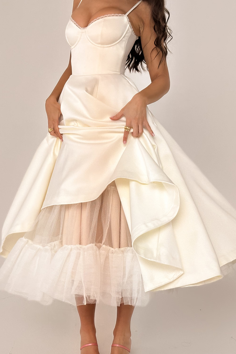 Beige Tulle Midi Dress