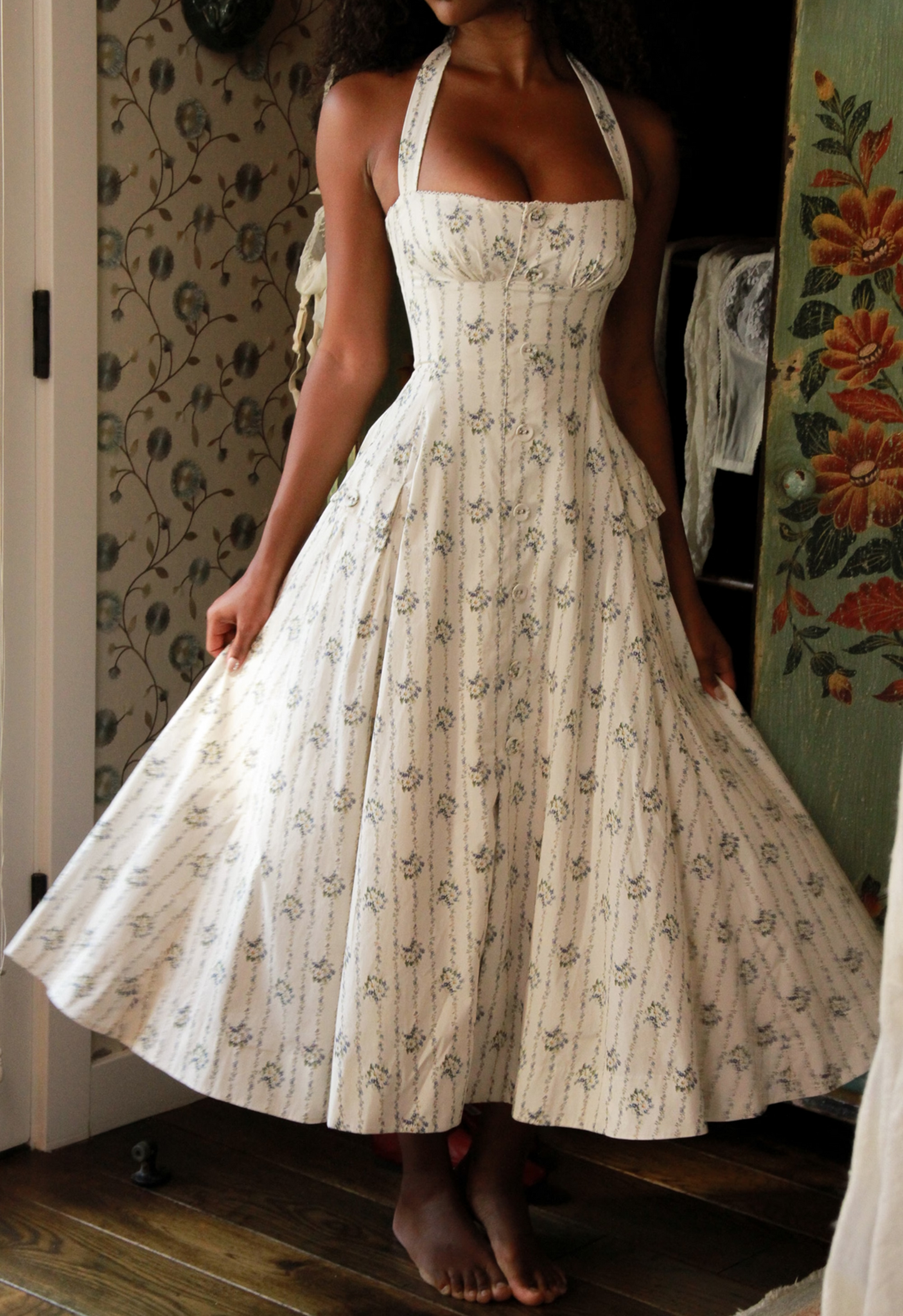 Cream Floral Backless Midi Dress