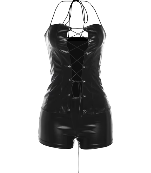 Black Faux Leather Hollow Two Piece Set