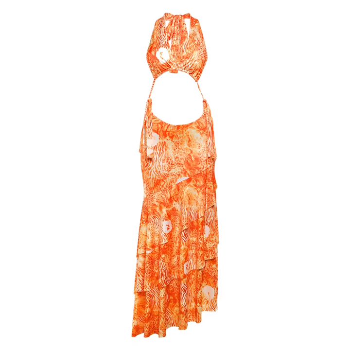 Orange Ruched Ruffles Two Piece Set