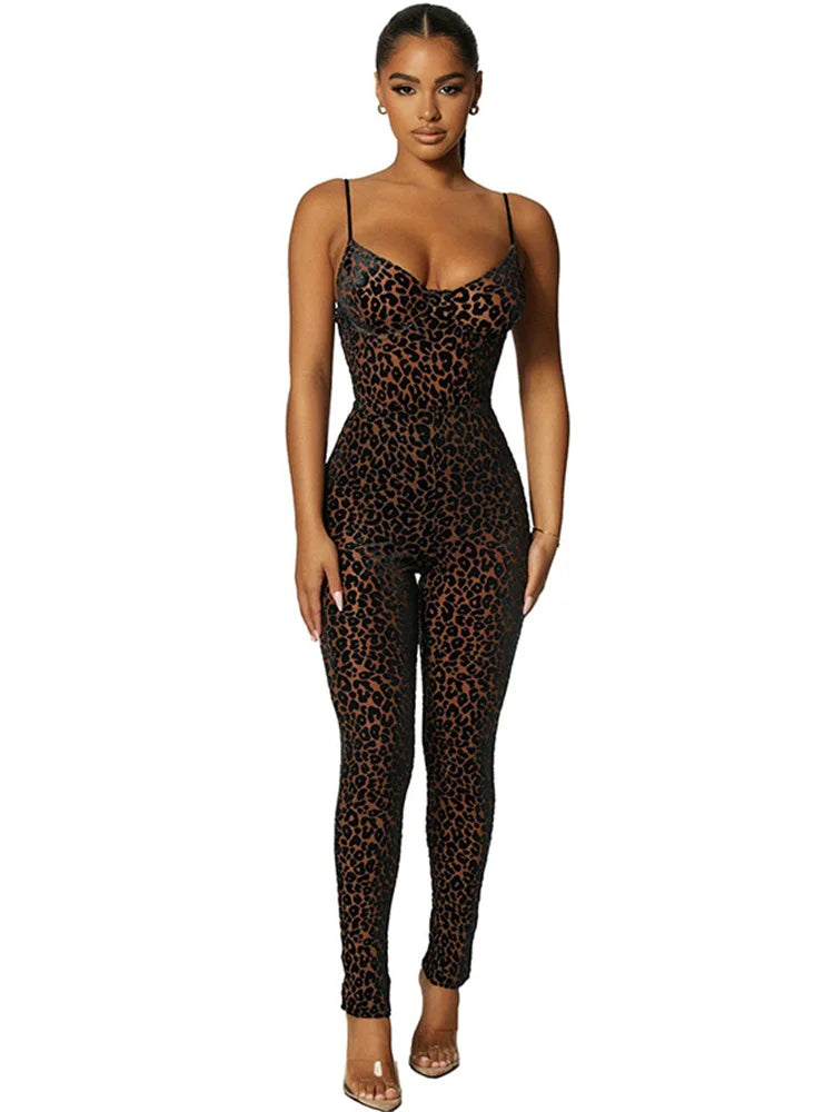 Flocking Mesh Jumpsuit Camis Leopard Patchwork Body-Shaping One Piece Attire