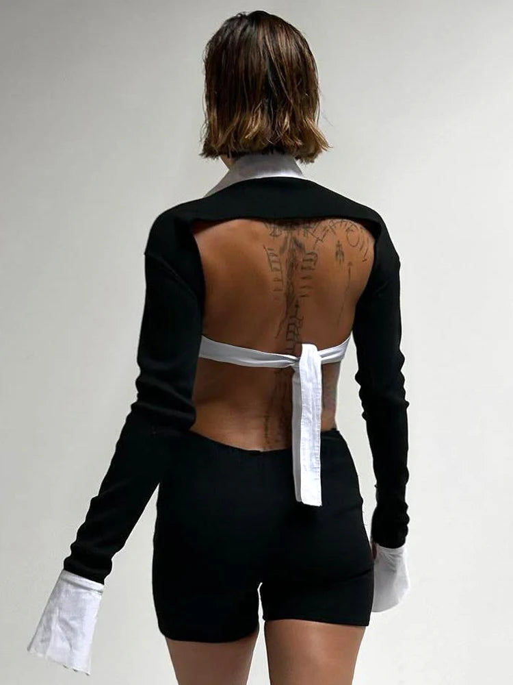 Panelled Hollow Out Playsuits Lapel Deep V-neck Full Sleeve Backless Rompers Street