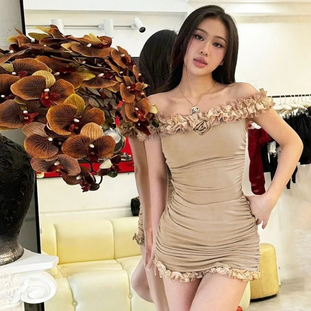 Mini Dress Pleated Patchwork Off The Shoulder Body-shaping Concise