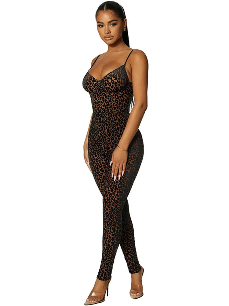 Flocking Mesh Jumpsuit Camis Leopard Patchwork Body-Shaping One Piece Attire