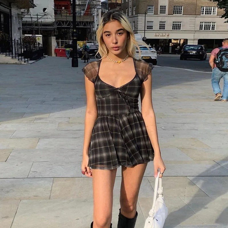 Plaid A-Line Short Sleeve Mini Dress
