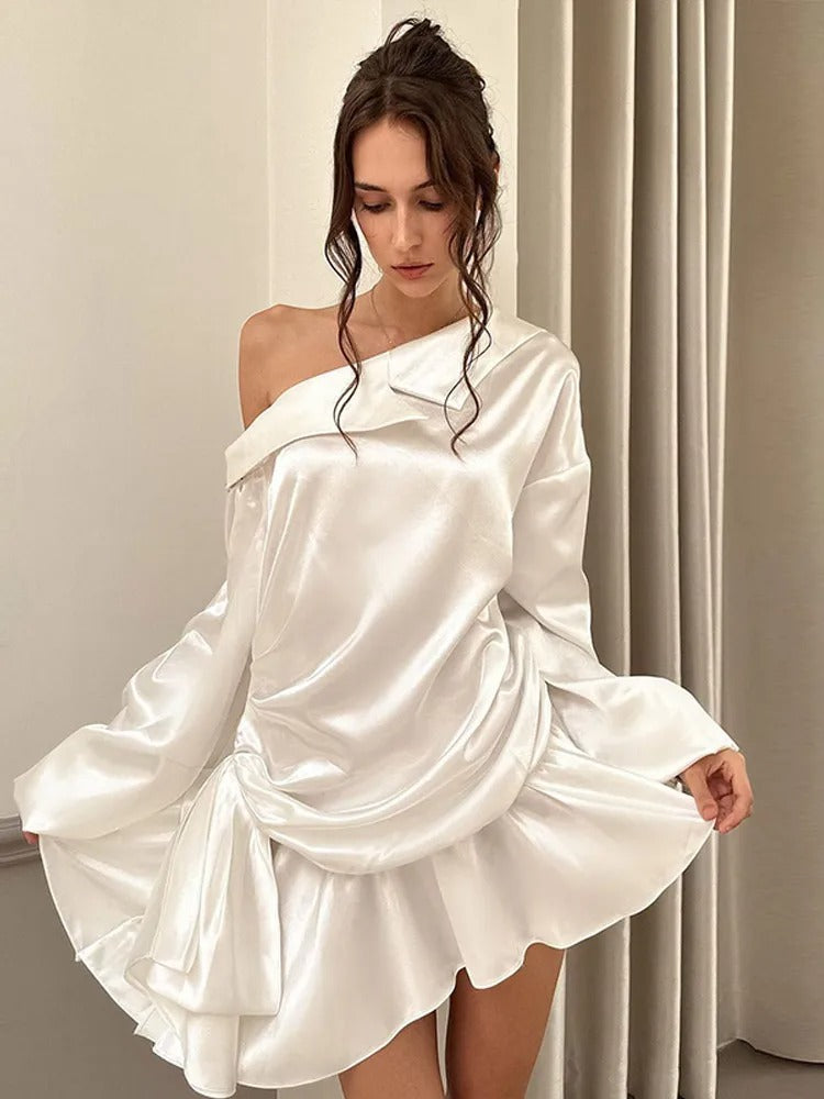 Irregular Satin Dress Diagonal Collar Backless Full Sleeve Ruffle Hem Stretch Mini Bodycon