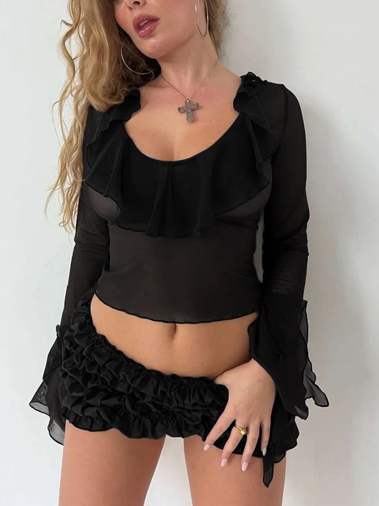 See Through Two Piece Set Lapel Slash Neck Flare Sleeve Crop Top Tierred Mini Skirt Suit
