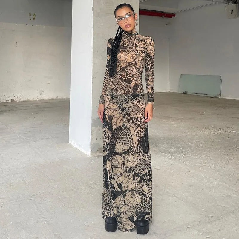 Mesh Maxi Dress Sheer Long Sleeve Stand Neck Thin Bodycon